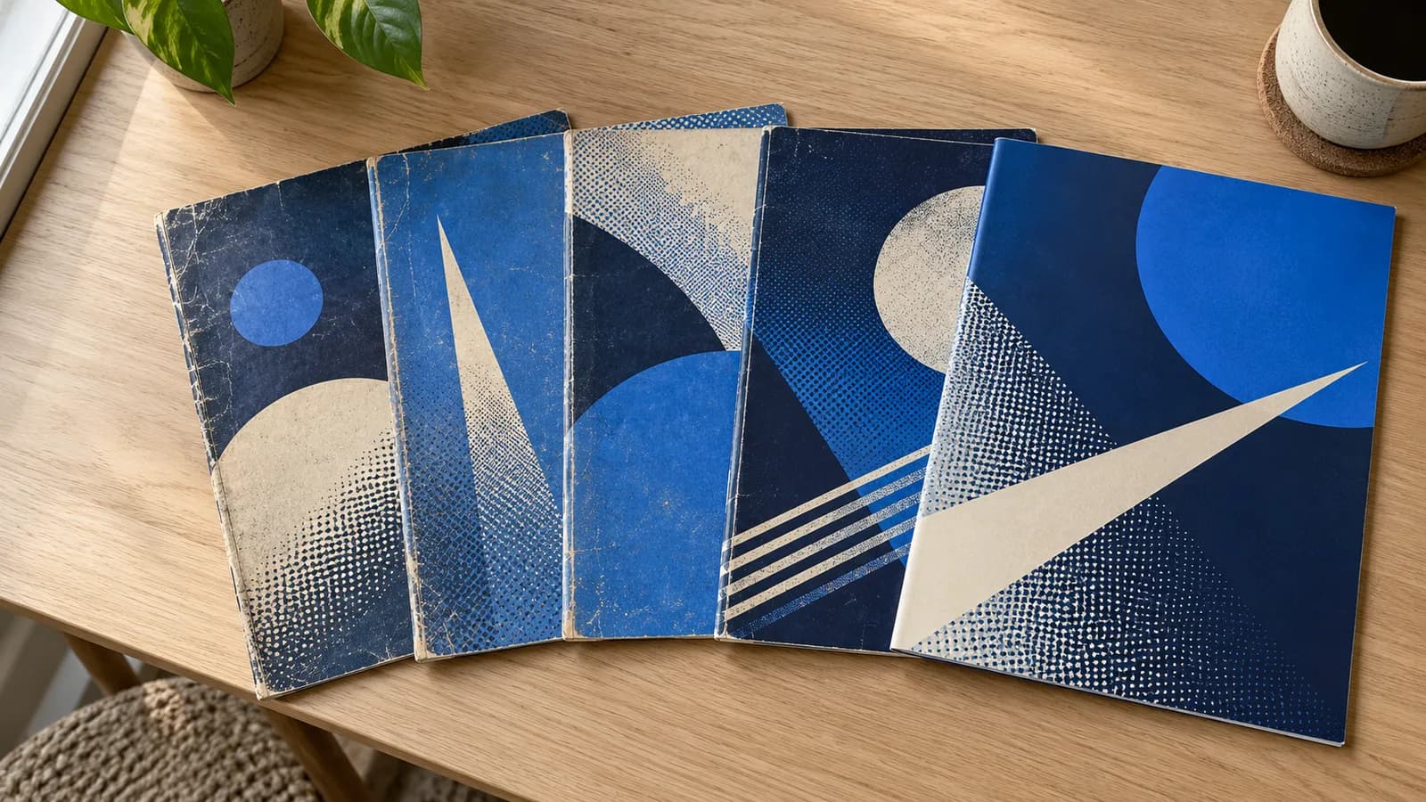 Five abstract-cover comics fan across a desk, from worn corners and creased spines to crisp, glossy covers.