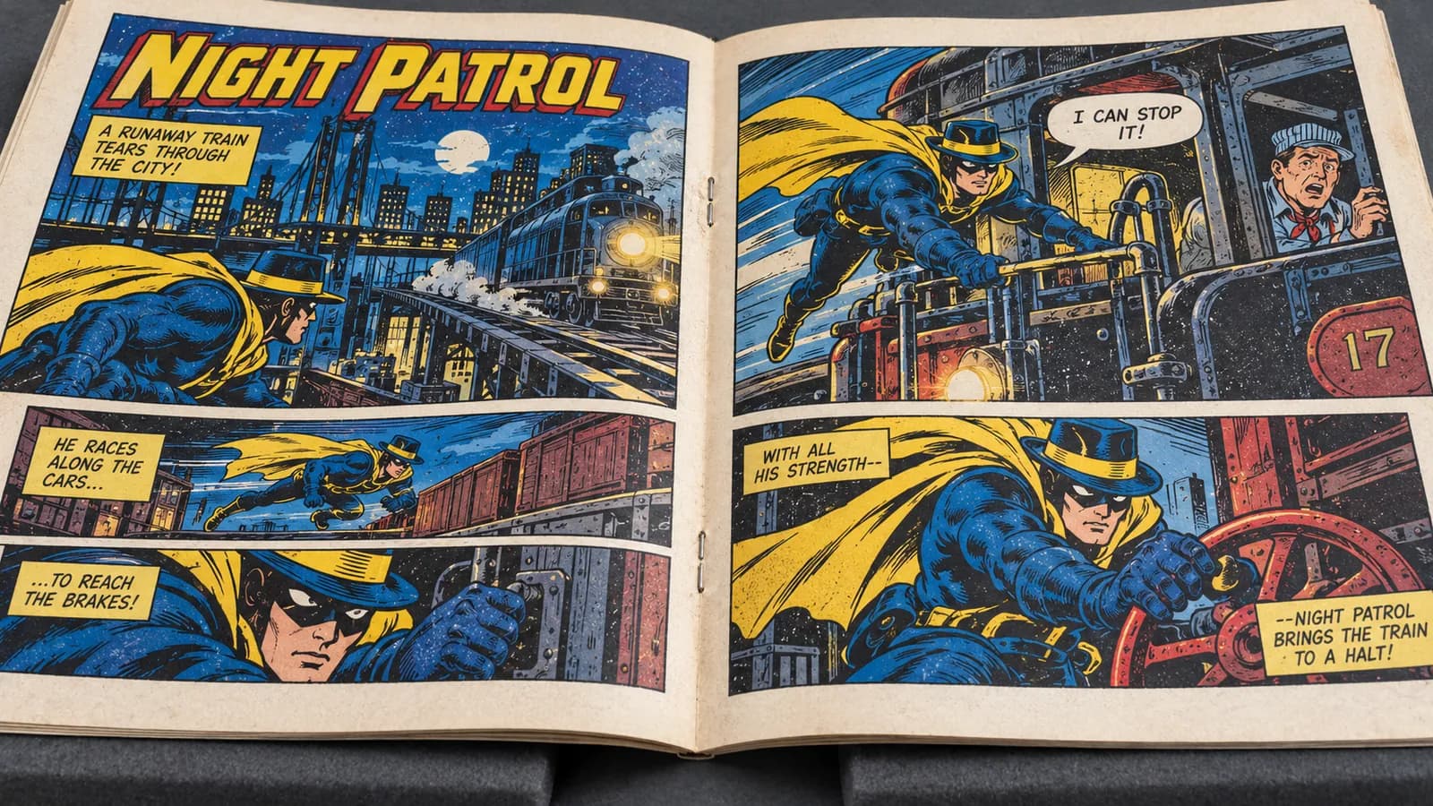 An open superhero comic rests on supports with both pairs of bent staple ends visible along its centerfold.