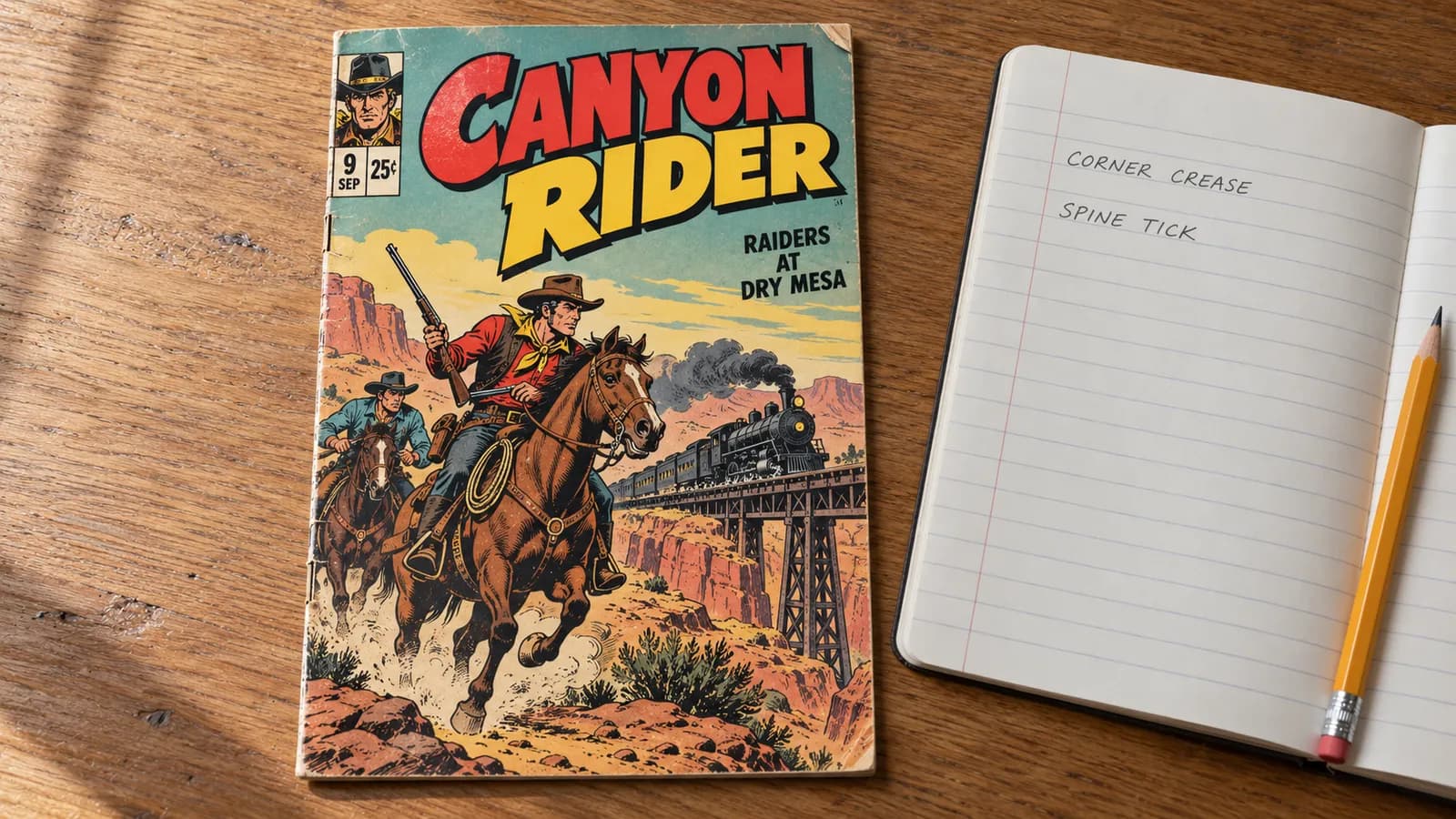 A Canyon Rider comic lies beside a notebook and pen, with a small corner crease visible on the cover.
