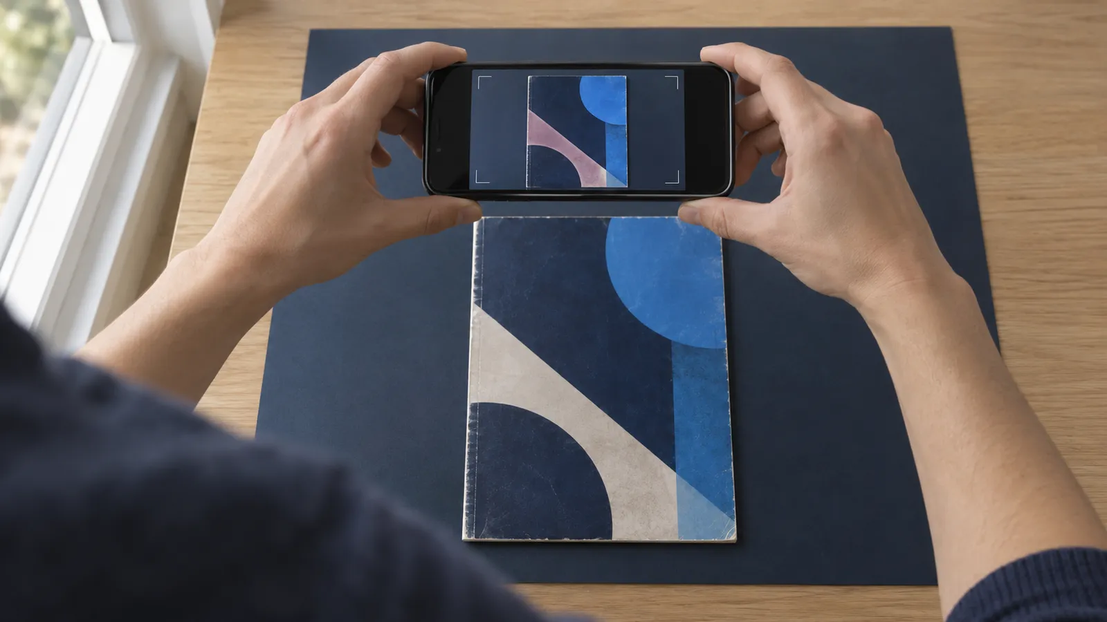 Hands hold a phone level above a comic on a dark mat, with all four cover edges visible on the screen.