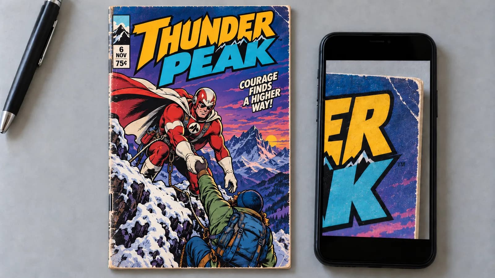 A Thunder Peak comic lies beside a phone that shows a close-up of the same cover corner.