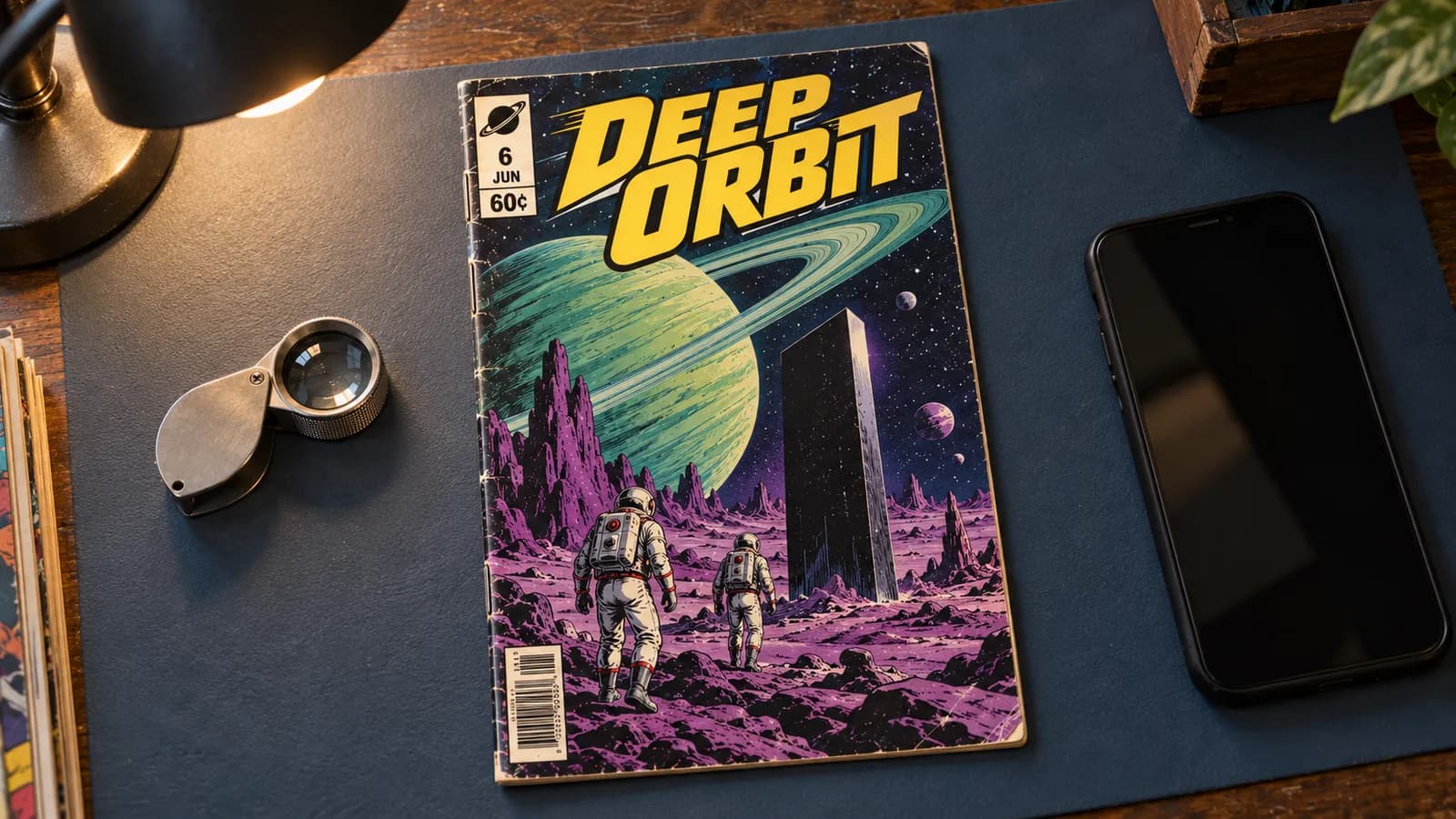 A Deep Orbit comic lies under side light beside a phone and loupe, with fine spine wear visible on the cover.
